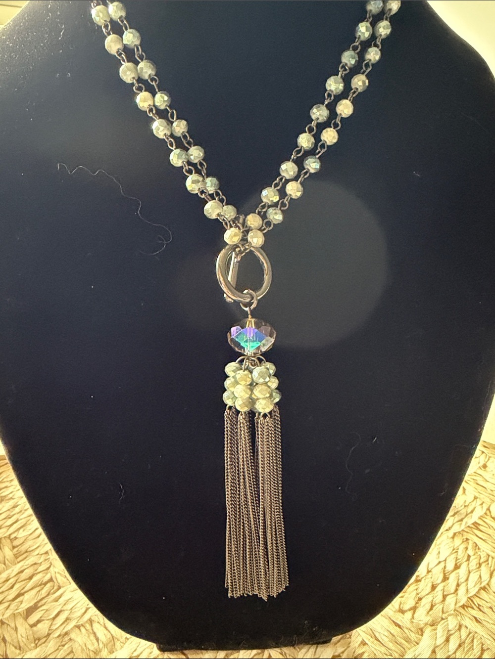 Iridescent Aqua Grey Beaded Tassel Necklace - Women Jewelry - Nickel Silver Tone